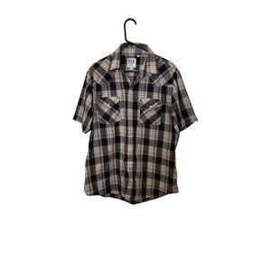 Mens Ely Cattleman Plaid Western Shirt Snap Front Short Sleeve Tan & Black Size